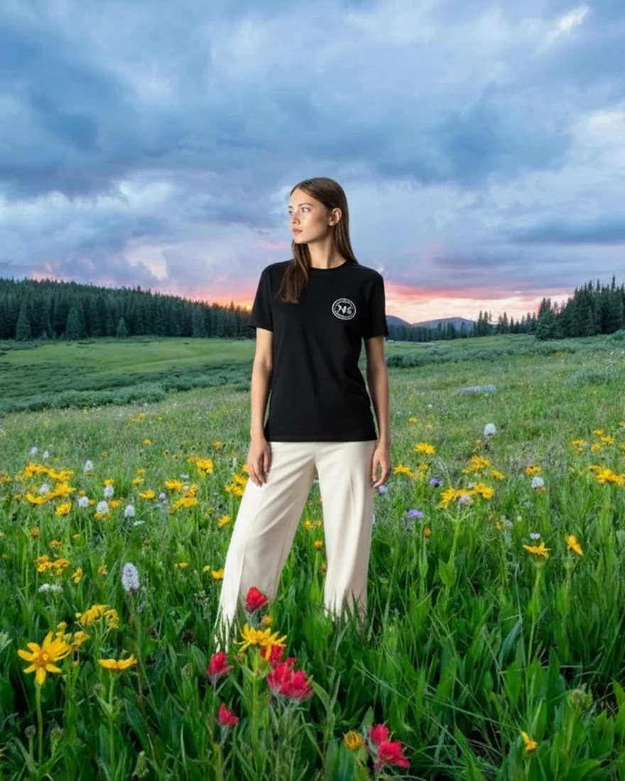 The model in the tee, standing in a meadow of wildflowers at sunset.