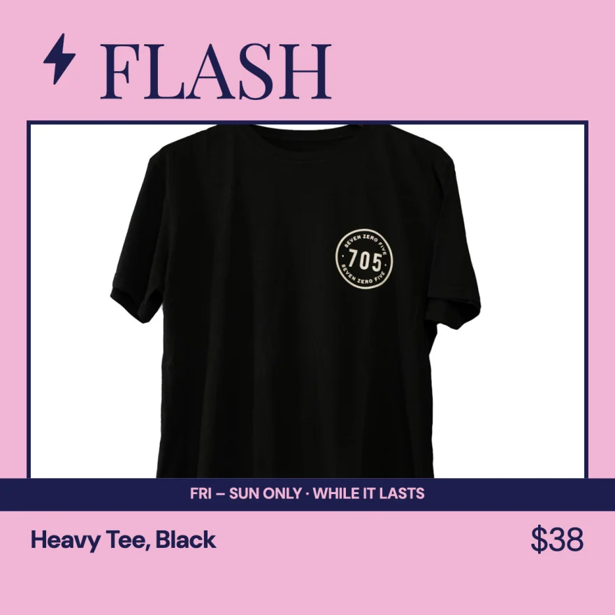 The Flash Sale template on the Heavy Tee, in brand 2: Playfair Display and DM Sans.