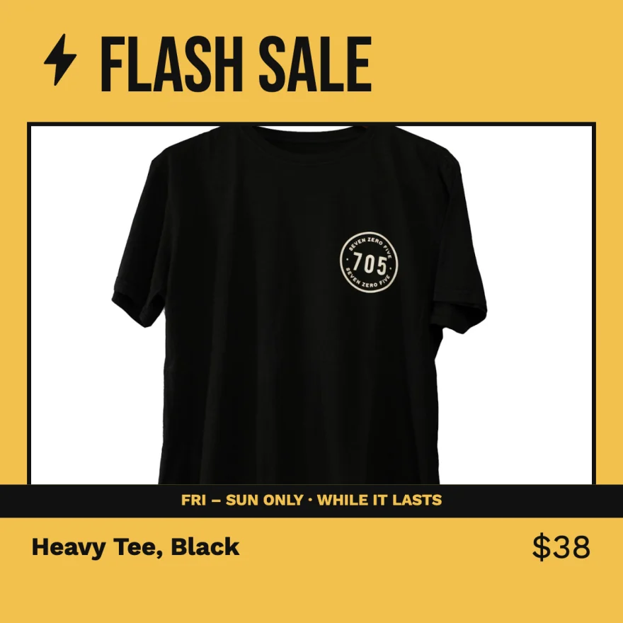 The Flash Sale template on the Heavy Tee, in brand 3: Bebas Neue and Work Sans.
