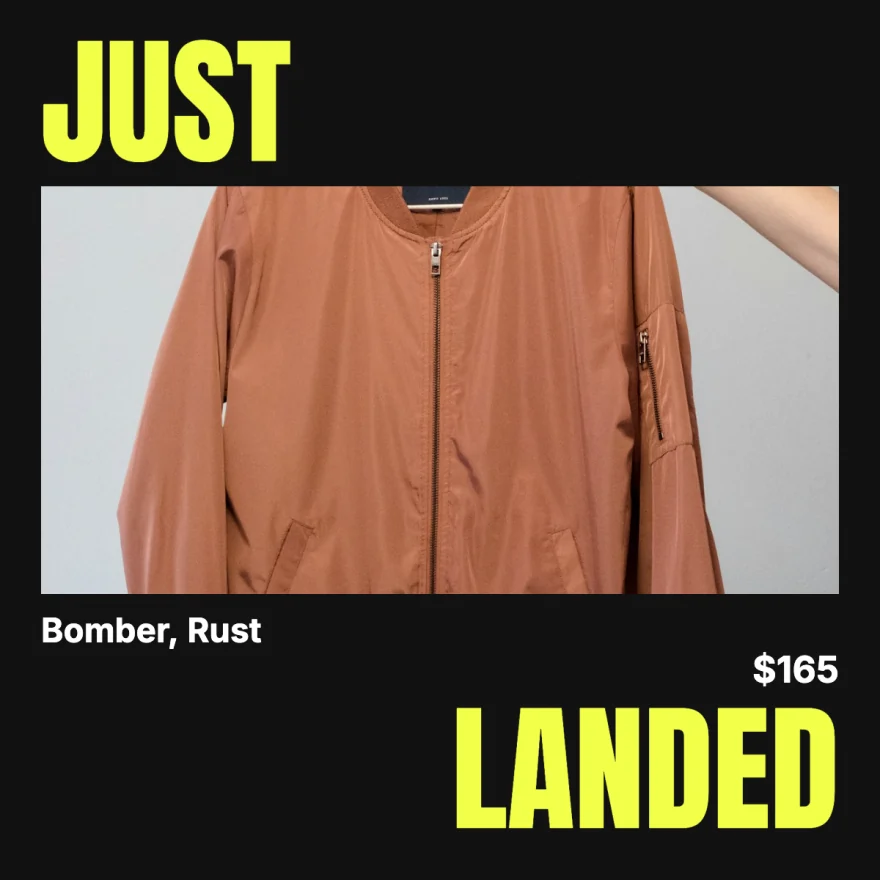 Headliner: the Bomber between the poster words Just and Landed.