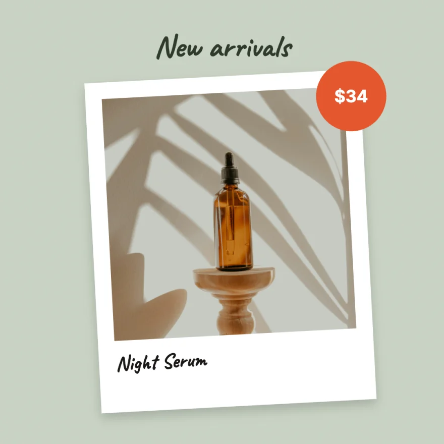 Polaroid: the Night Serum as an instant photo with a price sticker.
