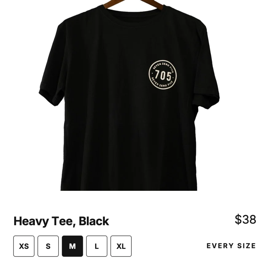 Size Run: the Heavy Tee with its sizes, XS to XL.