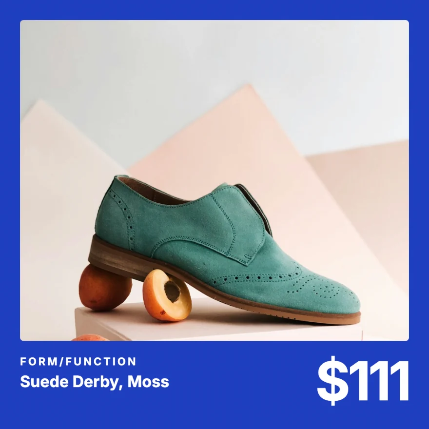 Swiss Price: the Suede Derby on cobalt with a large price.
