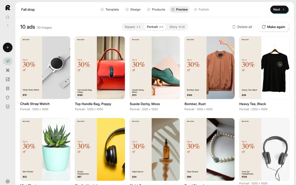Richicat showing the Fall drop feed: 10 products from the store, each already a finished portrait sale ad with its own photo, name and price.