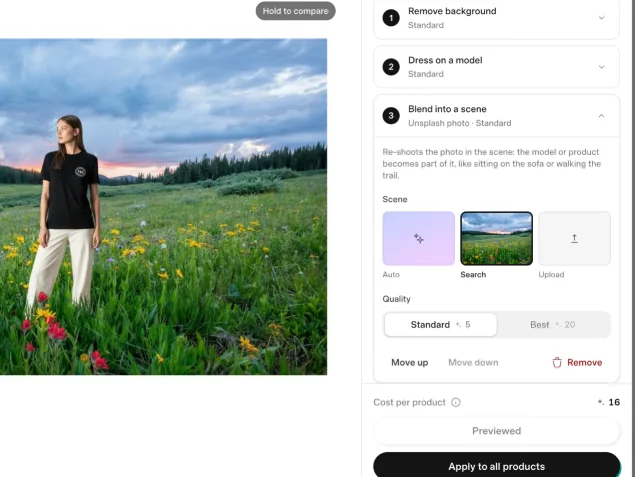 The AI Room in the editor: steps stacked on a photo layer, with the credit cost per product.