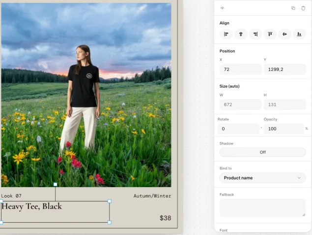 A text layer selected in the editor, with Bind to set to Product name in the inspector.