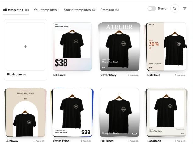 The template picker in a feed: every template shows the store’s Heavy Tee, with its photo, name and price.