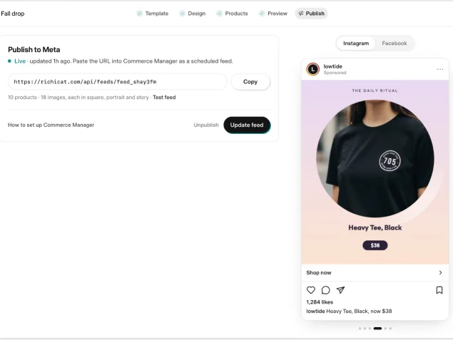 The publish step in Richicat, with a product ad shown inside an Instagram post preview.